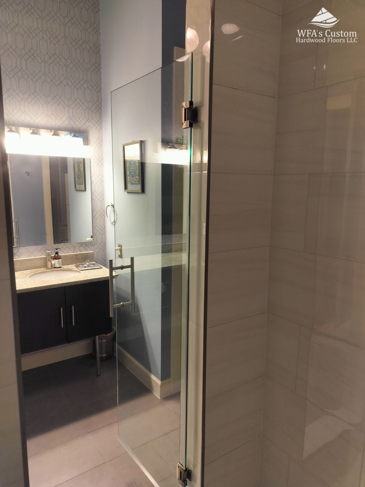 custom shower glass with tile shower, wfa's custom hardwood floors, houston texas